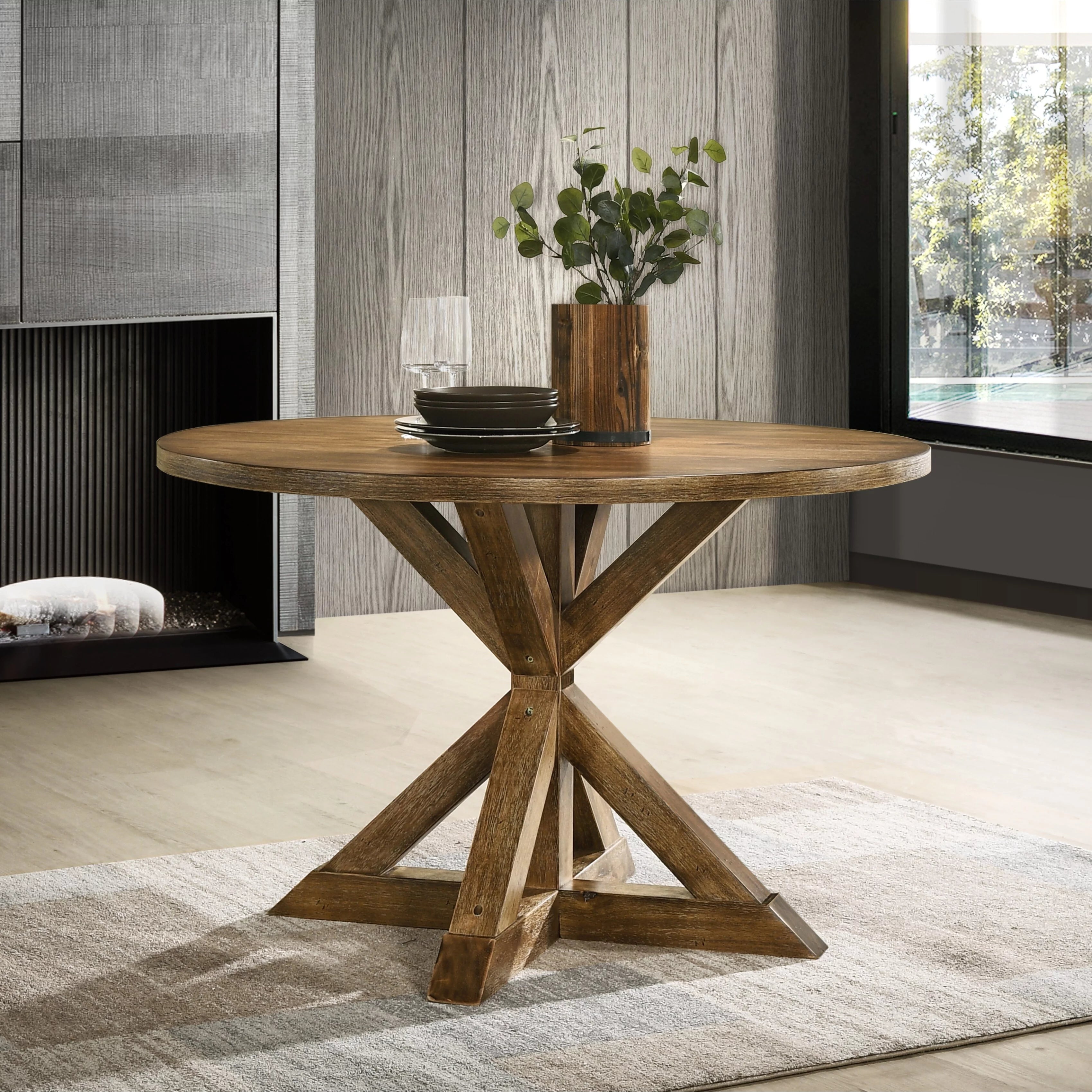 Roundhill Furniture Windvale Cross-Buck Wood 5-Piece Dining Set in Tan