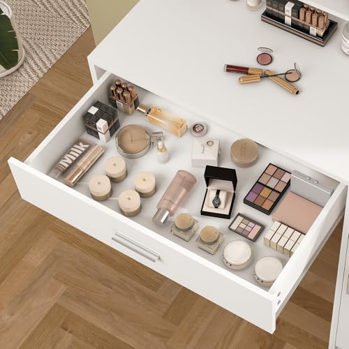 Makeup Vanity Desk with Mirror, 10 Lights, 5 Drawers, 3 Storage Shelves, 3 Color Modes & Adjustable Brightness Dressing Table, 35.4” Desk, Black