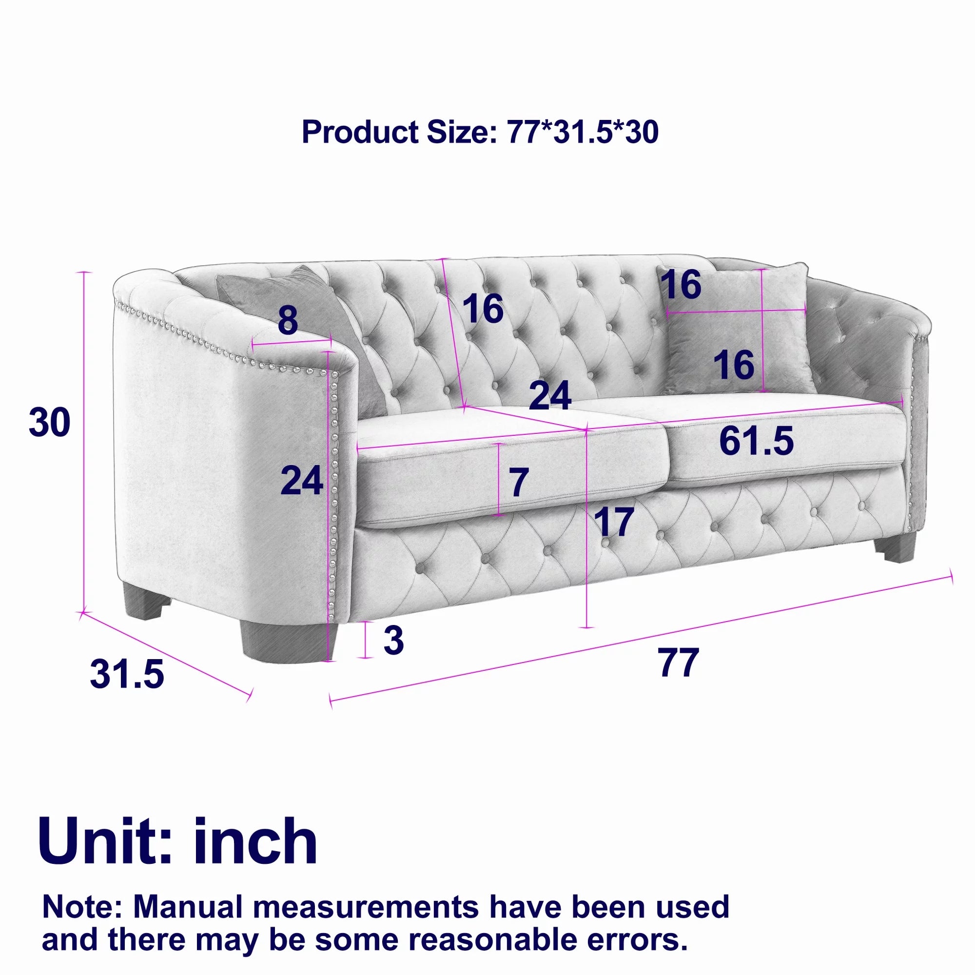 77-Inch Modern Chesterfield Velvet Sofa, 3-Seater Sofa, Upholstered Tufted Backrests with Nailhead Arms and 2 Cushions for Living Room, Bedroom, Apartment, Office (Grey)