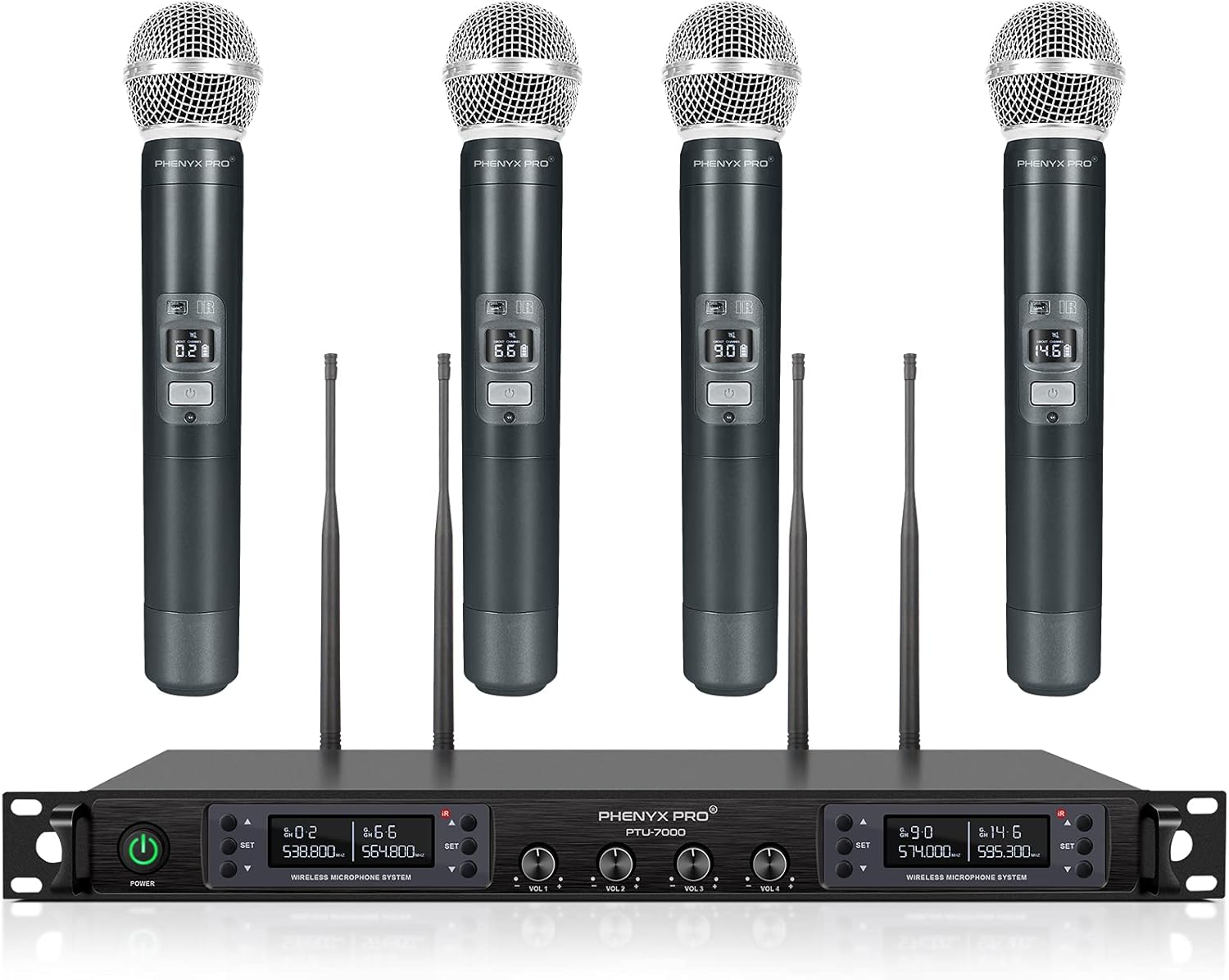 Wireless Microphone System, Phenyx Pro Quad Channel Cordless Mic Set with Metal Handheld Mics, 4x40 Channels, Auto Scan, Long Distance 328ft, Ideal for DJ, Church, Outdoor Events (PTU-7000A)