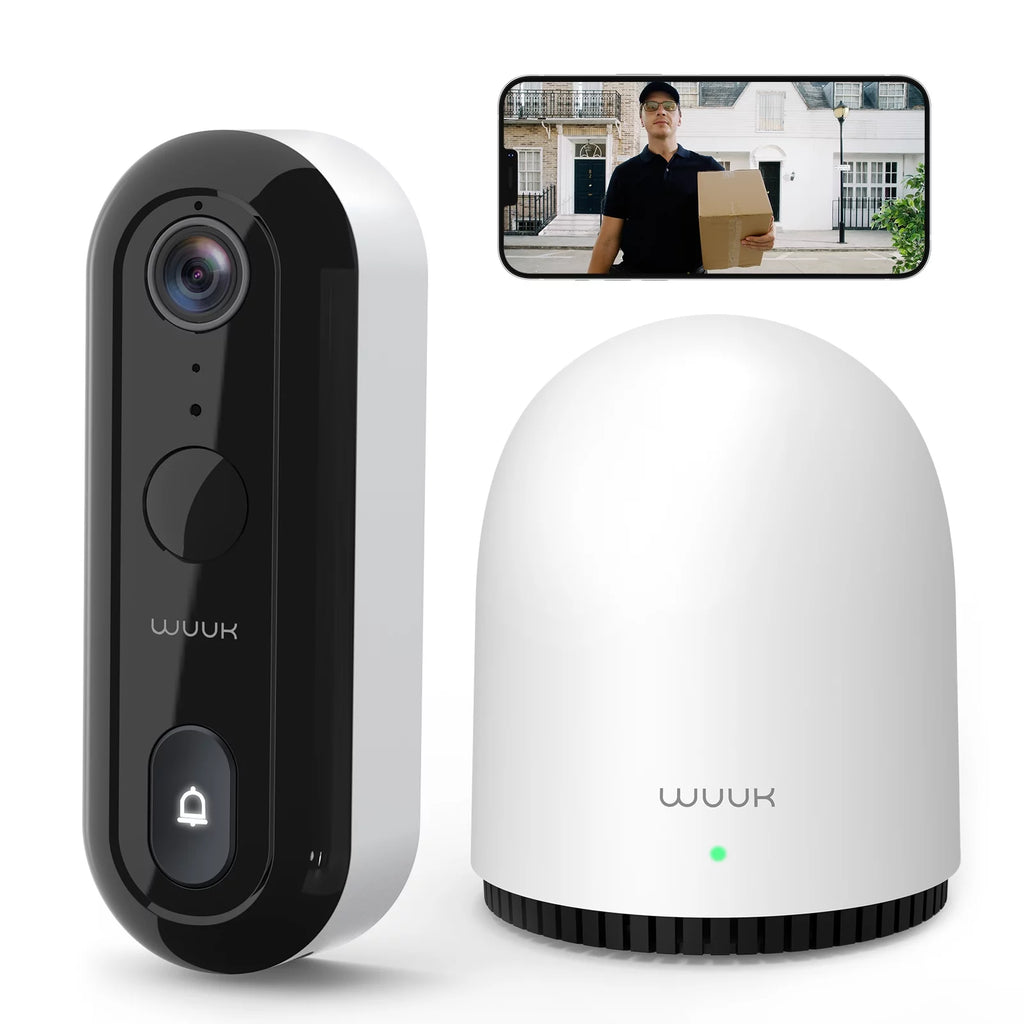 WUUK 2K Wireless Doorbell Camera with Free 32GB Local Storage Base Station, No Monthly Fee, Battery Powered Video Doorbell, Triple Motion Detection, Compatible with Alexa & Google