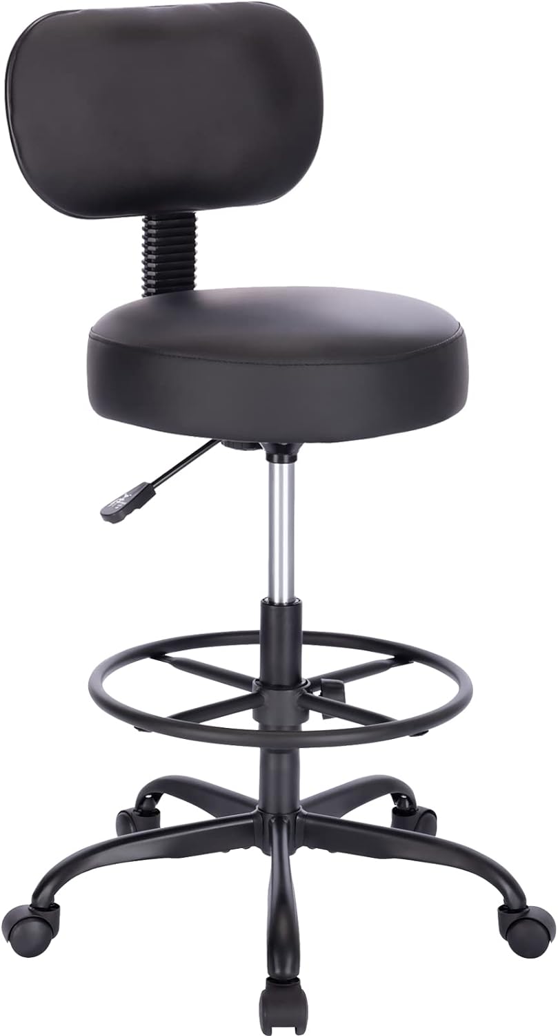 SUPERJARE Drafting Chair with Back, Adjustable Foot Rest Rolling Stool, Multi-Purpose Office Desk Chair, Thick Seat Cushion for Home Bar Kitchen Shop - Black