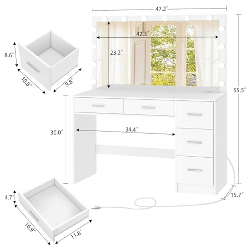 Makeup Vanity Desk with Mirror, 10 Lights, 5 Drawers, 3 Storage Shelves, 3 Color Modes & Adjustable Brightness Dressing Table, 35.4” Desk, Black