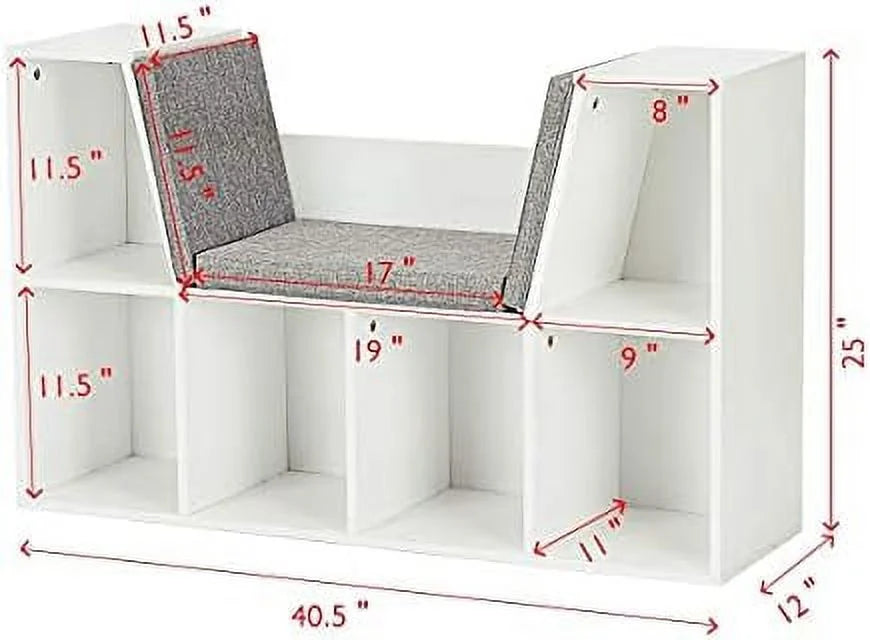 HJZBNONE 6-Cubby  Bookcase w/Cushioned Reading Nook  Multi Purpose  Organizer Cabinet  with Soft Cushion and Thick Wood Board for Children Girls & Boys Bedroom Decor Room (Modern Whit