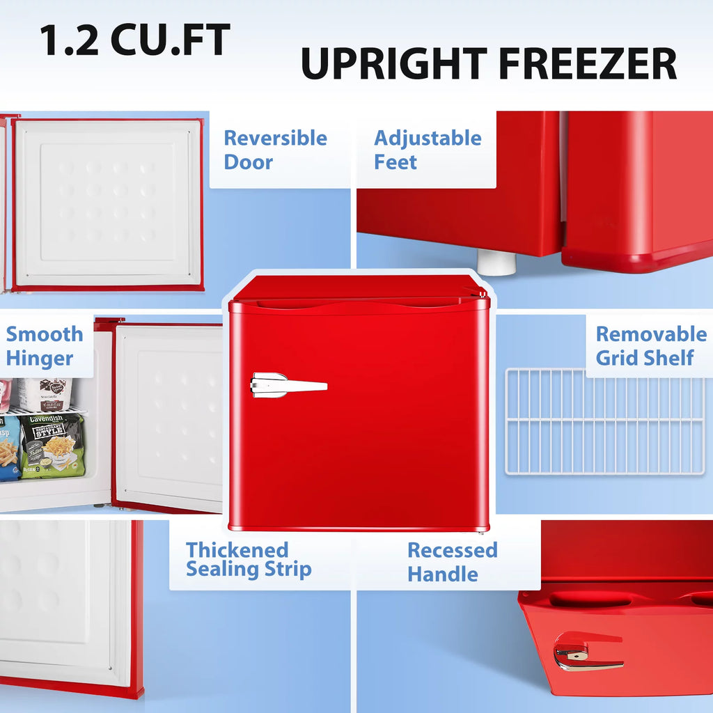 Auseo Mini Upright Freezer Compact Refrigerators，1.2Cu.ft Small Stand up Freezer for Home Office, Red
