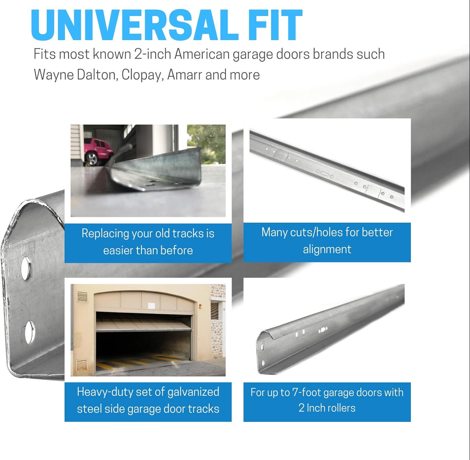 Garage Door Vertical Track Replacement – Set of Left and Right for 7 Foot Tall - Garage Door Rails Galvanized Steel Hardware Door Rails for Residential/Light Commercial Side Tracks for 2-inch Rollers