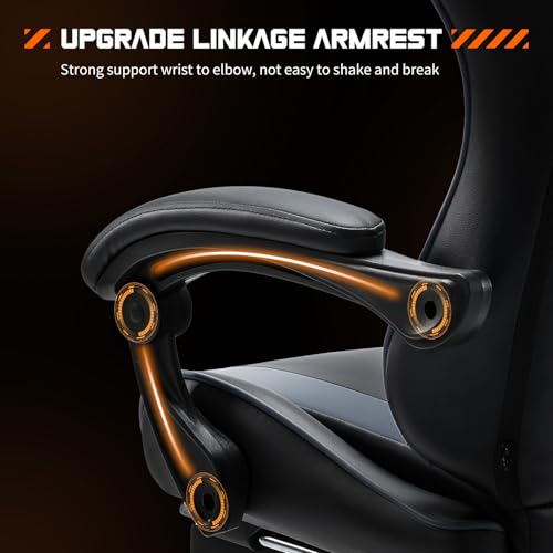 DUMOS Ergonomic Gaming Desk Chair - PU Leather Recliner with Footrest, Lumbar Support, Headrest, Fixed Armrests, Height Adjustable, 360° Swivel, Grey, for Adults