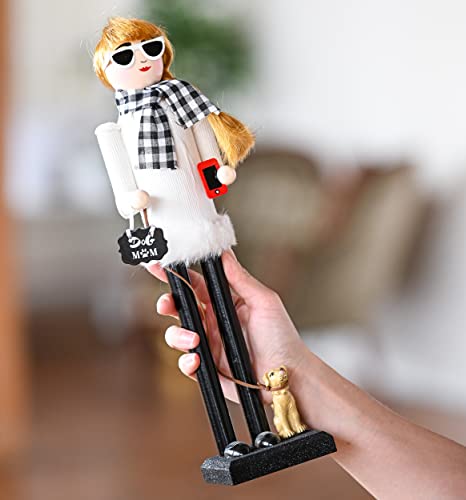 Ornativity Christmas Dog Mom Nutcracker – White and Black Wooden Nutcracker Woman with Dog on Leash and a Smartphone in Hand Xmas Themed Holiday Nut Cracker Doll Figure Decorations 15