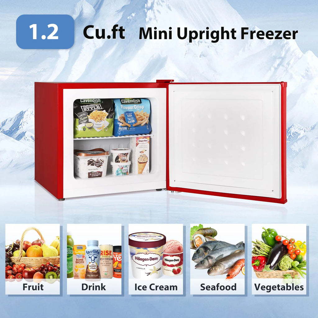 Auseo Mini Upright Freezer Compact Refrigerators，1.2Cu.ft Small Stand up Freezer for Home Office, Red