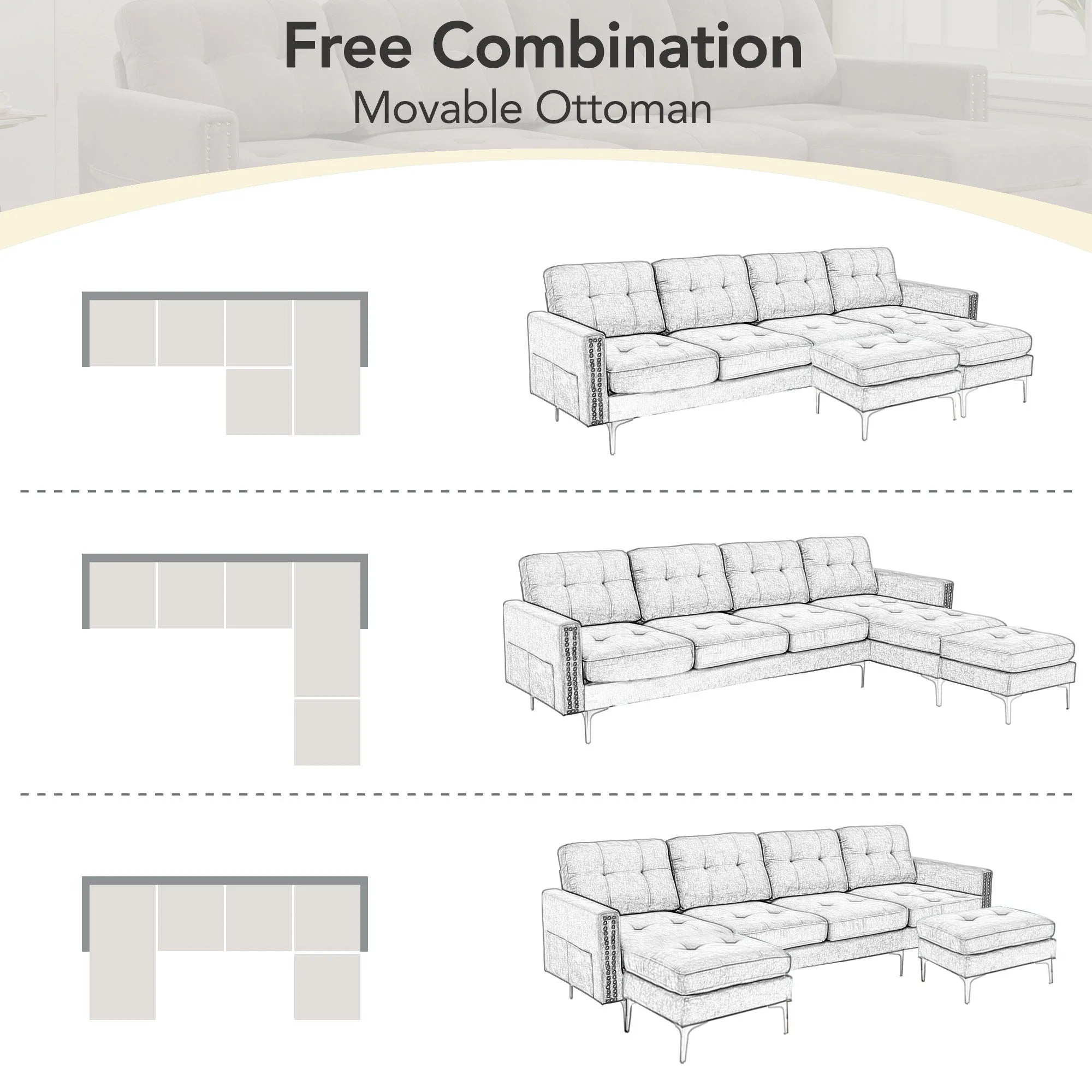 Soges U-Shaped Sectional Sofa with Ottoman, Convertible Couch for Living Room, 5 Seater Sofa, Gray, 110x54