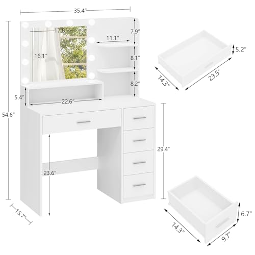 Makeup Vanity Desk with Mirror, 10 Lights, 5 Drawers, 3 Storage Shelves, 3 Color Modes & Adjustable Brightness Dressing Table, 35.4” Desk, Black