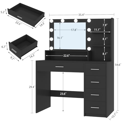 Makeup Vanity Desk with Mirror, 10 Lights, 5 Drawers, 3 Storage Shelves, 3 Color Modes & Adjustable Brightness Dressing Table, 35.4” Desk, Black