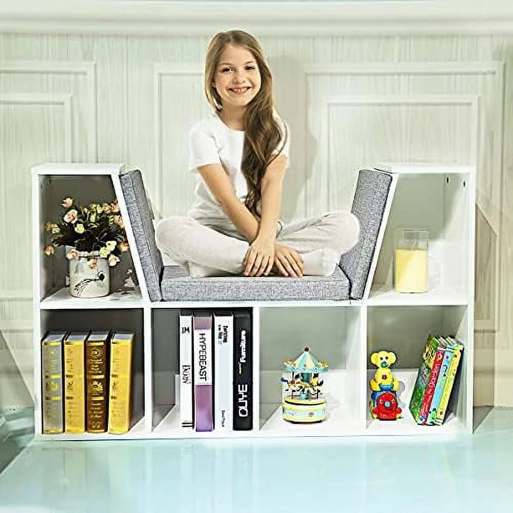 HJZBNONE 6-Cubby  Bookcase w/Cushioned Reading Nook  Multi Purpose  Organizer Cabinet  with Soft Cushion and Thick Wood Board for Children Girls & Boys Bedroom Decor Room (Modern Whit
