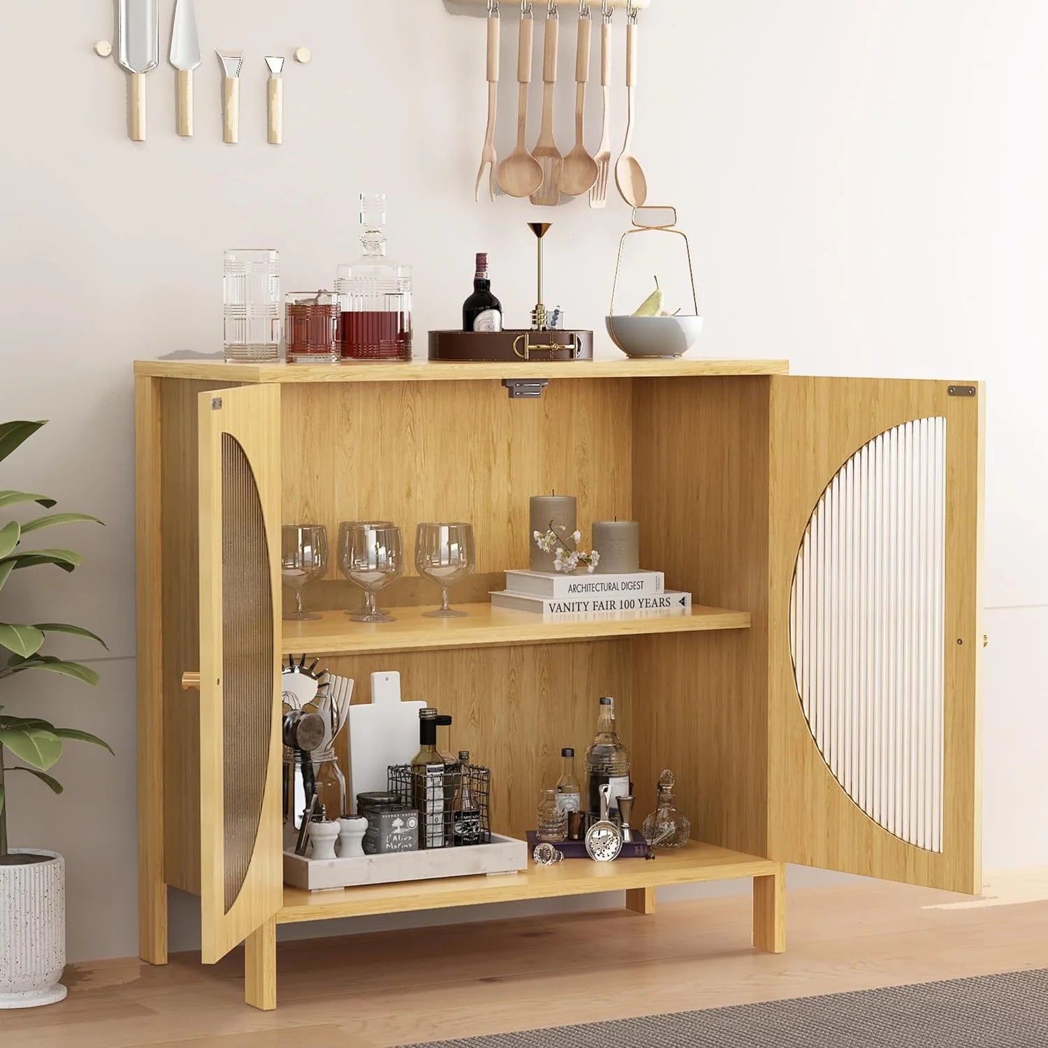 QCAI Sideboard Cabinet,Buffet Cabinet with Storage, Accent Storage Cabinet with Glass Doors, Cupboard Console Table for Living Room, Hallway, Dining Room, Entryway, 31.5X 15.7X 31.5 Inches