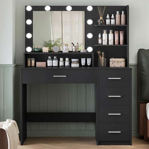 Makeup Vanity Desk with Mirror, 10 Lights, 5 Drawers, 3 Storage Shelves, 3 Color Modes & Adjustable Brightness Dressing Table, 35.4” Desk, Black