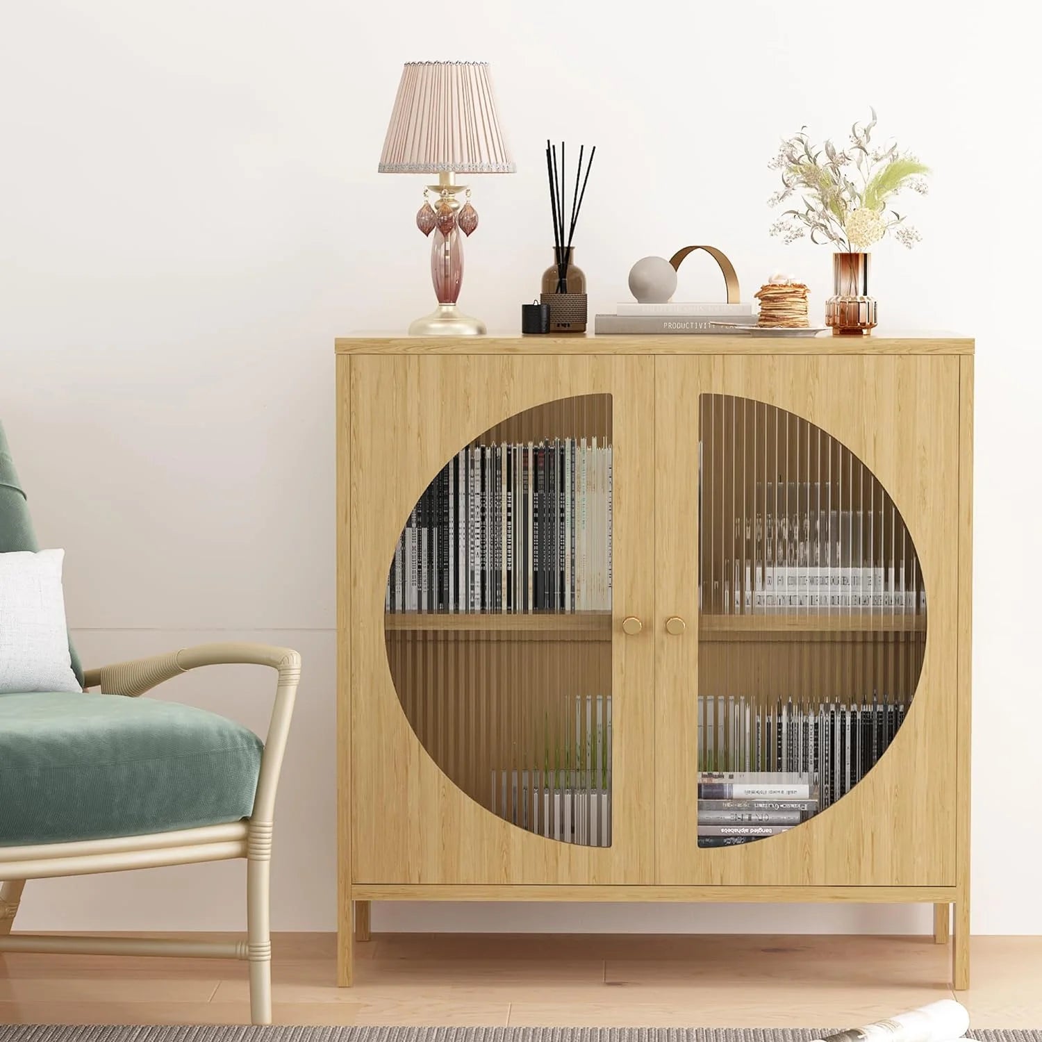 QCAI Sideboard Cabinet,Buffet Cabinet with Storage, Accent Storage Cabinet with Glass Doors, Cupboard Console Table for Living Room, Hallway, Dining Room, Entryway, 31.5X 15.7X 31.5 Inches
