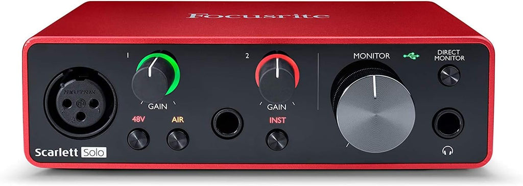 Focusrite Scarlett Solo 2x2 USB Audio Interface Full Studio Bundle with Creative Music Production Software Kit and Eris 4.5 Pair Studio Monitors and 1/4” Instrument Cables