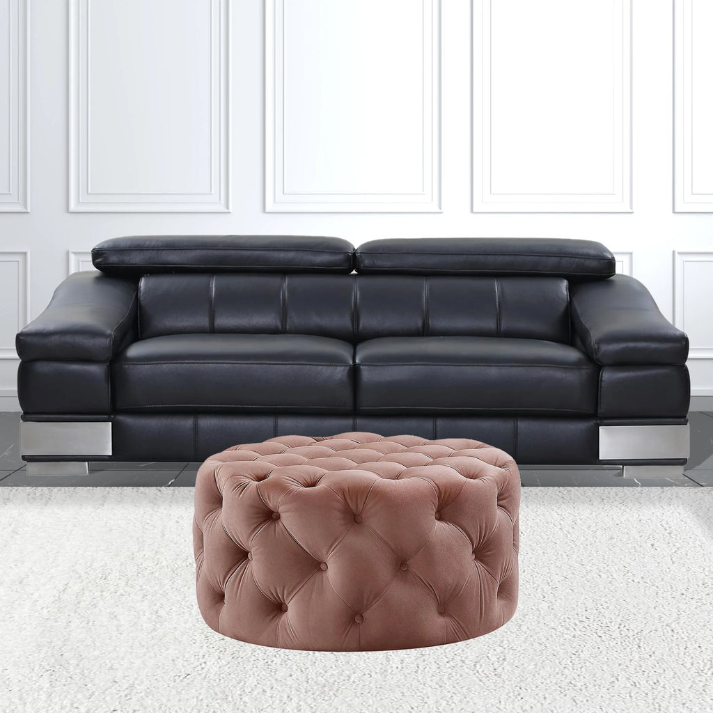 HomeRoots 490621 17 x 33 x 33 in. Blush Velvet & Black Rolling Tufted Round Cocktail Ottoman