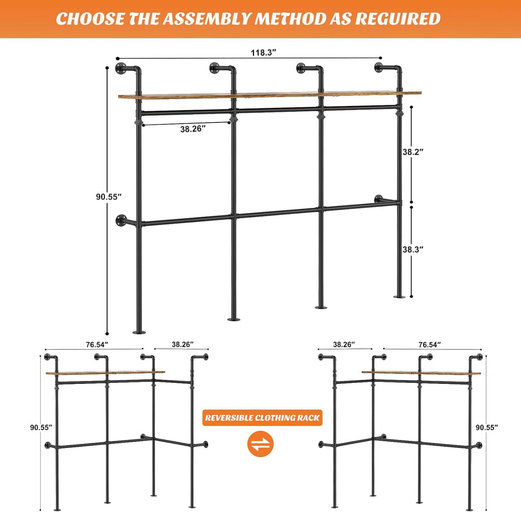 Aheaplus Industrial Pipe Clothing Rack, Reversible 79.7'' Clothes Rack for Hanging Clothes, Heavy Duty Garment Racks Closet Wardrobe with LED Lights& Shelves, Walk-in Closet System, Black