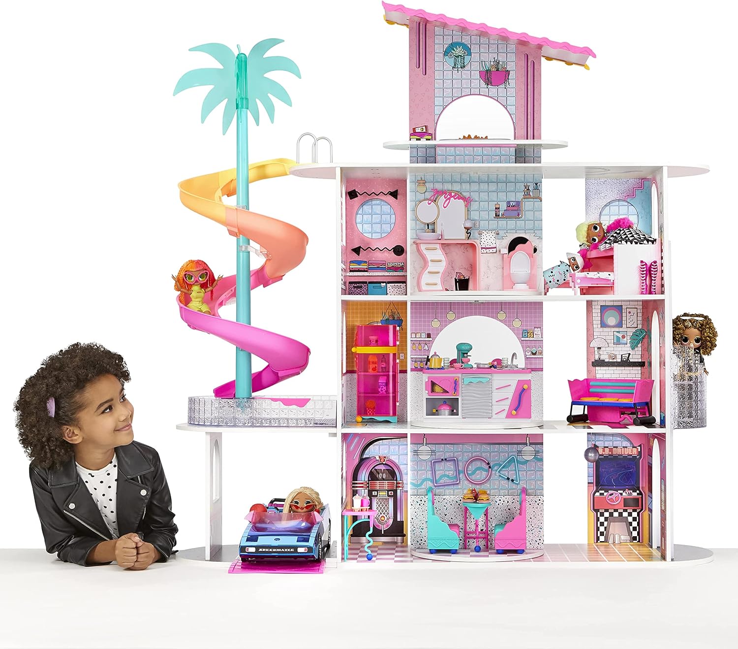 LOL Surprise OMG House of Surprises – New Real Wood Dollhouse with 85+ Surprises, 4 Floors, 10 Rooms, Elevator, Spiral Slide, Pool, Movie Theater Drive Thru, Rooftop- Toy Gift for Girls Ages 4 5 6 7+
