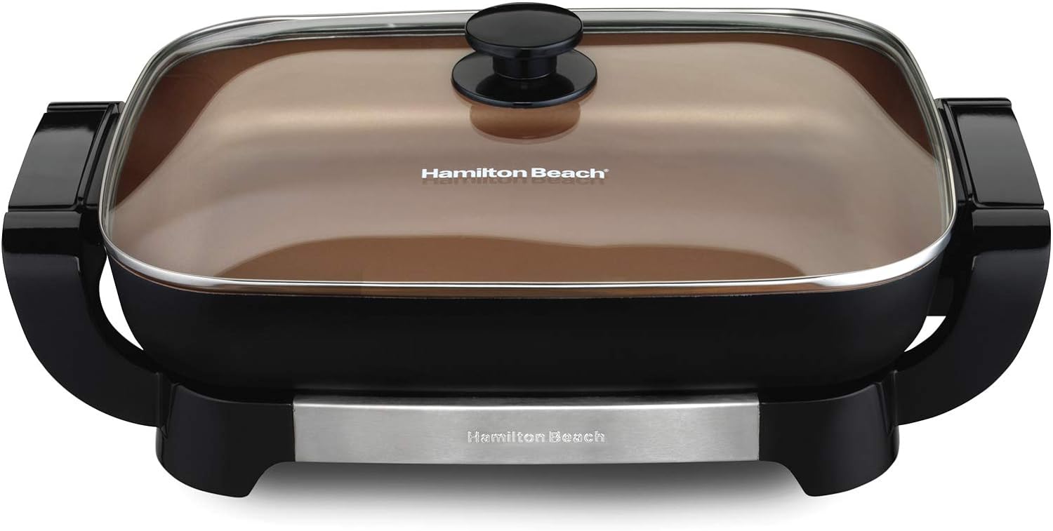 Hamilton Beach Durathon Ceramic Electric Skillet with Removable 12x15” Pan, Adjustable Temperature, Reversible Design, Tempered Glass Lid (38529K)