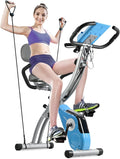 SALEMFIT Folding Stationary Bike, Magnetic Upright Bike Indoor Workout Exercise Cycle Bike with Front & Back Arm Resistance Bands LCD Monitor Pulse Sensor Phone Holder Backrest, For Home Workout Total Body Gym