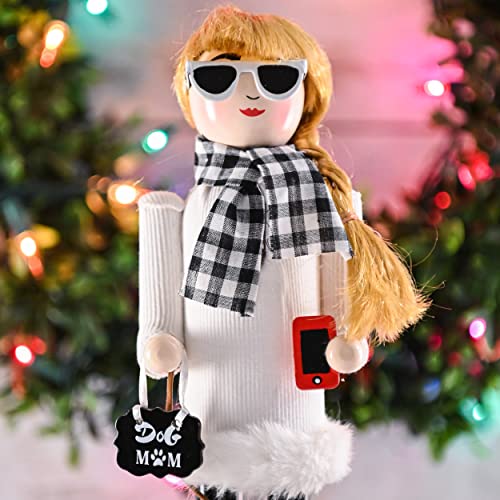 Ornativity Christmas Dog Mom Nutcracker – White and Black Wooden Nutcracker Woman with Dog on Leash and a Smartphone in Hand Xmas Themed Holiday Nut Cracker Doll Figure Decorations 15