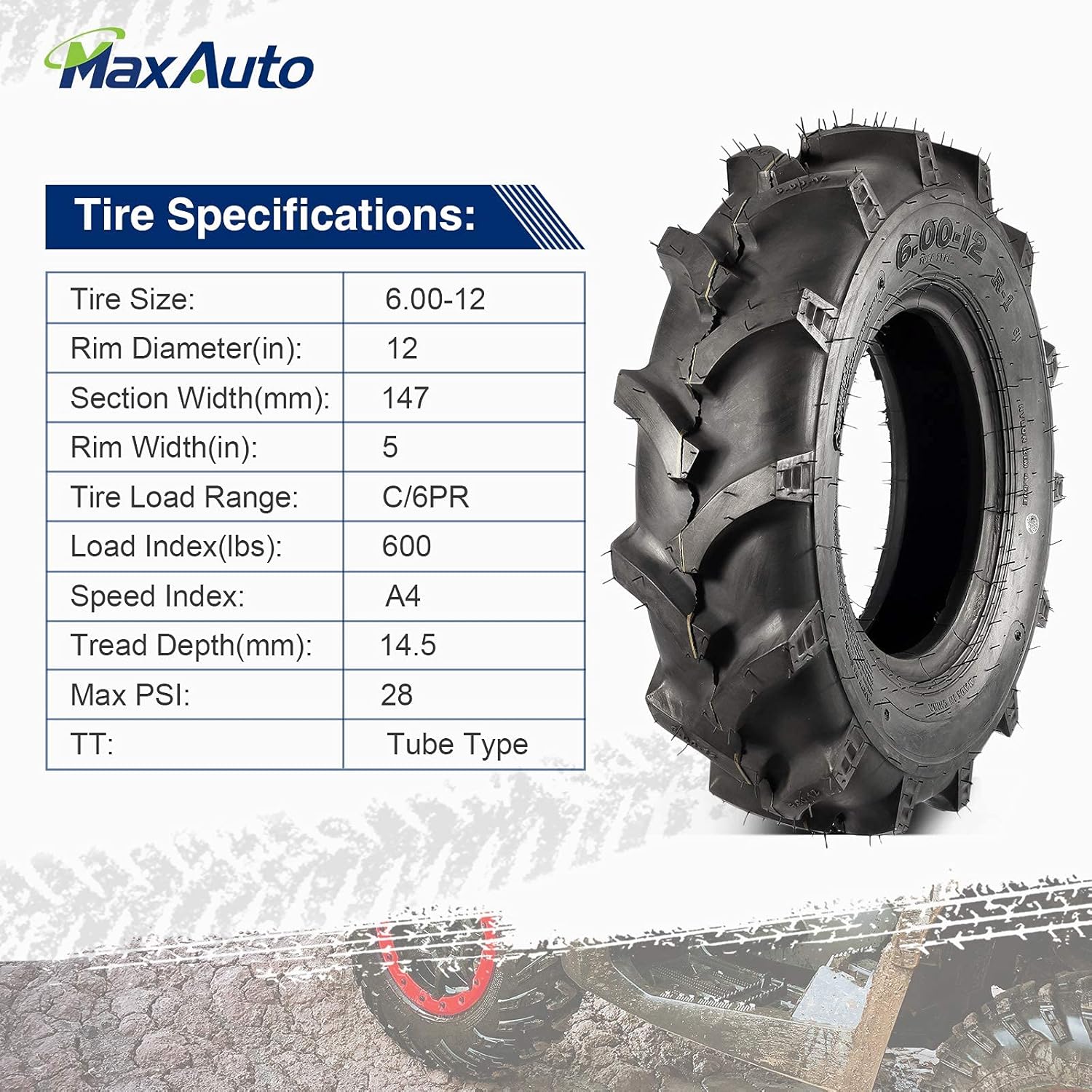 MaxAuto Farm Tractor Tire 6.00-12 Replace Kubota 7100 Series H167,2Pcs