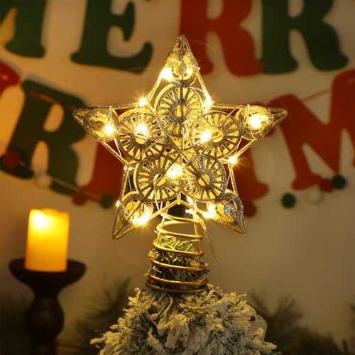 Juegoal Star Tree Topper with 20 LED Lights, Metal Golden Lighted Treetop Ornaments, Battery Powered Light Up Christmas Tree Decorations, 6.5 x 6.5 Inches