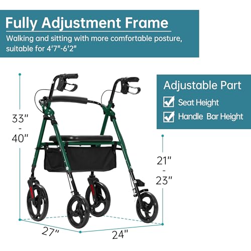 ELENKER Rollator Walker with 10” Wheels, Sponge Padded Seat and Backrest, Fully Adjustment Frame for Seniors, Green