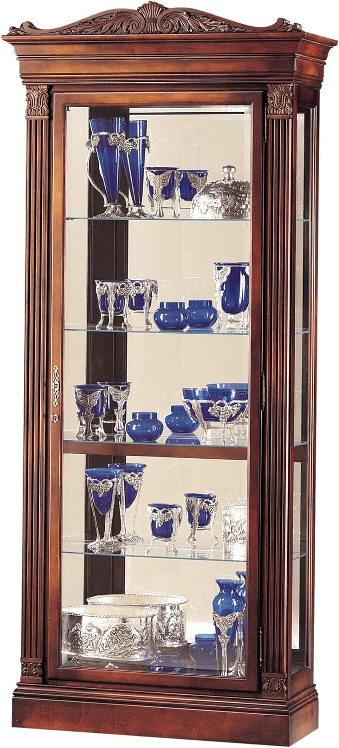 Howard Miller Embassy Curio Cabinet 680-243 – Embassy Cherry Finish Home Decor, Four Glass Shelves, Five Level Display Case, Locking Front Door & Halogen Light