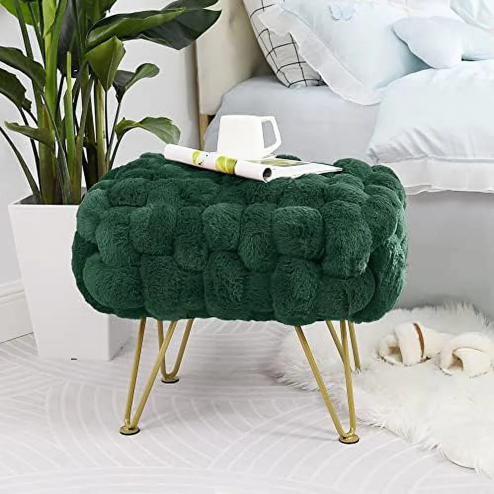Pink Soft Faux  Ottoman Fuzzy Entryway Bench Seat 27x20x19 Sturdy Accent Coffee Table for Living Room Make up Vanity Fluffy Shoe Stool with Golden Legs for Bedroom Closet F