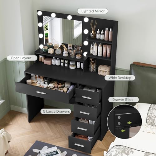 Makeup Vanity Desk with Mirror, 10 Lights, 5 Drawers, 3 Storage Shelves, 3 Color Modes & Adjustable Brightness Dressing Table, 35.4” Desk, Black