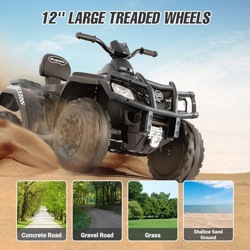 ELEMARA 2 Seater Kids ATV, 4 Wheeler Quad Electric Vehicle with 10AH Battery, 4mph Max Speed, 2 Charging Ports, LED Headlights, Music, Radio, 12V Battery Powered Ride on Car for Boys & Girls, Green