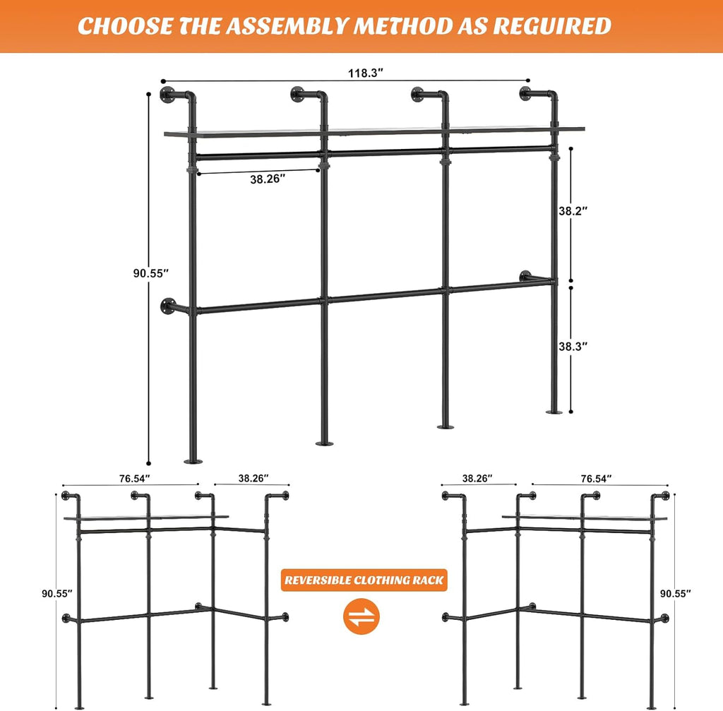 Aheaplus Industrial Pipe Clothing Rack, Reversible 79.7'' Clothes Rack for Hanging Clothes, Heavy Duty Garment Racks Closet Wardrobe with LED Lights& Shelves, Walk-in Closet System, Black
