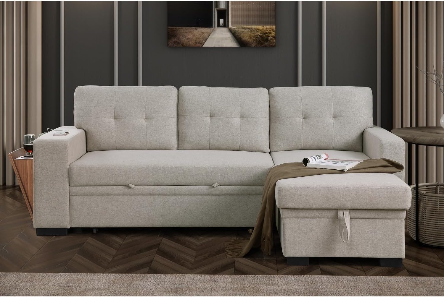 Devion Furniture 92 W Modern L-Shaped Polyester Fabric Upholstered Reversible Side Compartment Sleeper Sectional Sofa Bed with Chaise in Light Gray Finish