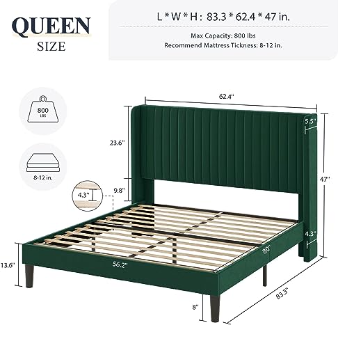 Allewie Queen Size Velvet Bed Frame/Vertical Channel Tufted Wingback Headboard/Upholstered Platform Bed/Strong Wooden Slats/No Box Spring Needed/Easy Assembly/Black