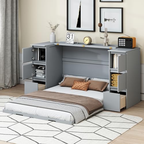 Twin Size Murphy Beds with Charging Station and Storage Drawers, Wood Cabinet Bed Frame, Wall Bed with Outlet & USB Ports for Home Office Studio, White