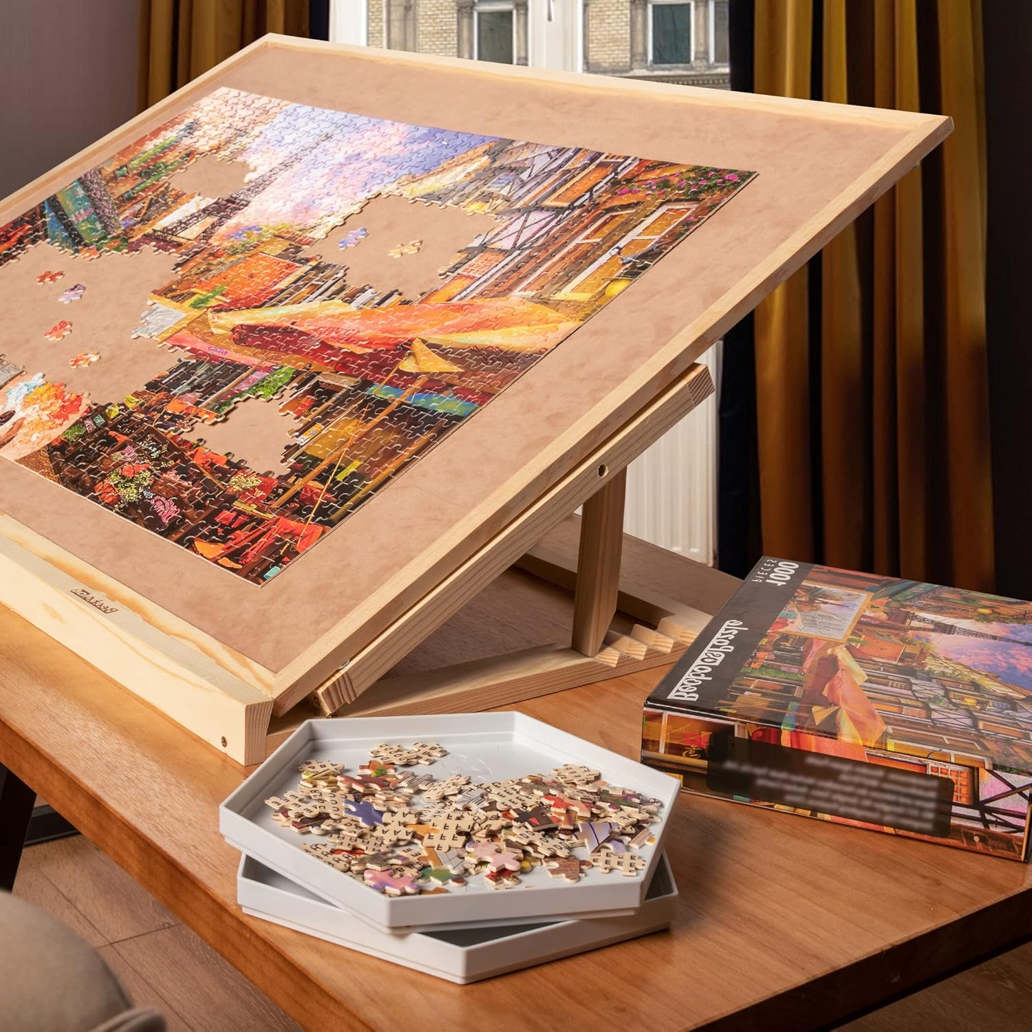 Becko US Puzzle Board & Bracket Set/Wooden Puzzle Board Kit/Jigsaw Puzzle Plateau - with Puzzle Board for Up to 1500 Pieces