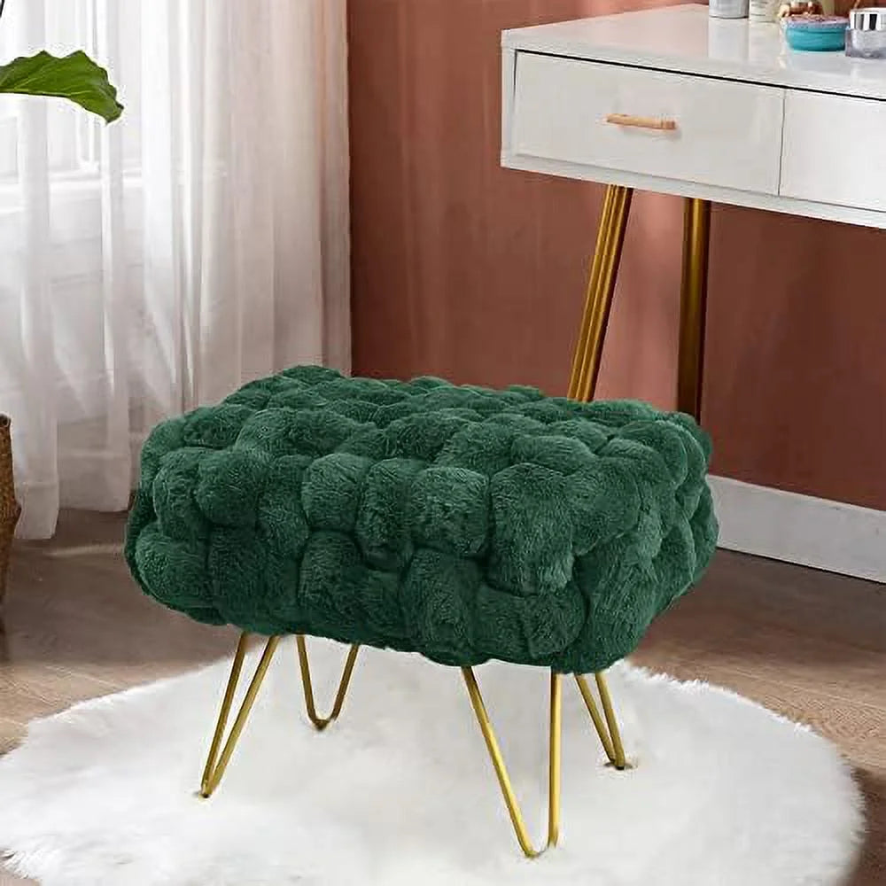 Pink Soft Faux  Ottoman Fuzzy Entryway Bench Seat 27x20x19 Sturdy Accent Coffee Table for Living Room Make up Vanity Fluffy Shoe Stool with Golden Legs for Bedroom Closet F