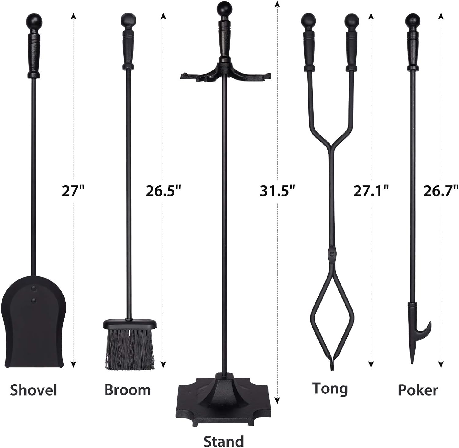 Parts & Accessories 5-Piece Fireplace Tools Set, 32 Inch Wrought Iron Fireplace Accessories Includes Fire Poker, Shovel, Brush, Tong, and Stand, Easy to Assemble