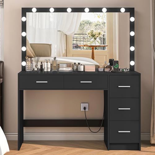 Makeup Vanity Desk with Mirror, 10 Lights, 5 Drawers, 3 Storage Shelves, 3 Color Modes & Adjustable Brightness Dressing Table, 35.4” Desk, Black