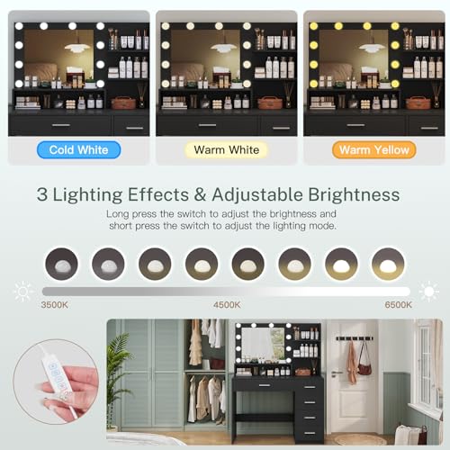 Makeup Vanity Desk with Mirror, 10 Lights, 5 Drawers, 3 Storage Shelves, 3 Color Modes & Adjustable Brightness Dressing Table, 35.4” Desk, Black