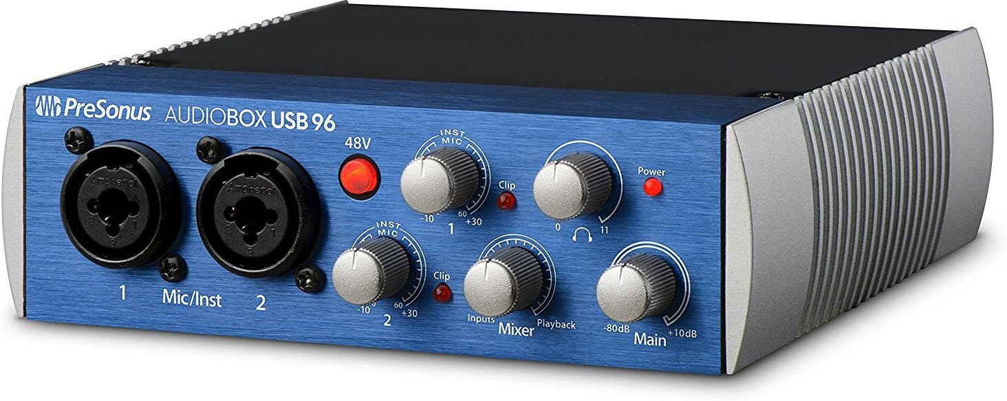 PreSonus AudioBox 96 Audio Interface (May Vary Blue or Black) Full Studio Bundle with Studio One Artist Software Pack with Eris 4.5 BT Pair Studio Bluetooth Monitors and 1/4” Instrument Cable