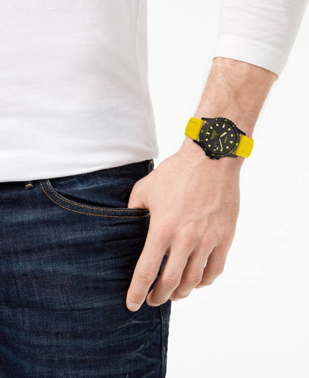 Fossil Mens FB01 ThreeHand Date Yellow Silicone Watch  Yellow