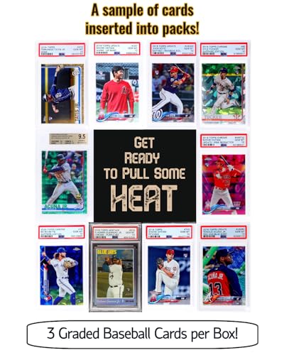 Three Graded Baseball Cards Gift Box: MLB Edition │Three Premium PSA/BGS Graded 10, 9.5 or 9 Cards │Potential Rookie Autographs & Numbered RC Refractors│Gift for Baseball Fans│by Slabs of Heat
