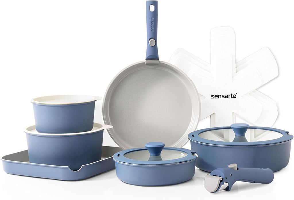 SENSARTE 17 Piece Ceramic Pots and Pans Set, Nonstick Detachable Handle Cookware, Induction Kitchen Cookware Set with Removable Handle, Dishwasher ＆ Oven Safe (Gray)