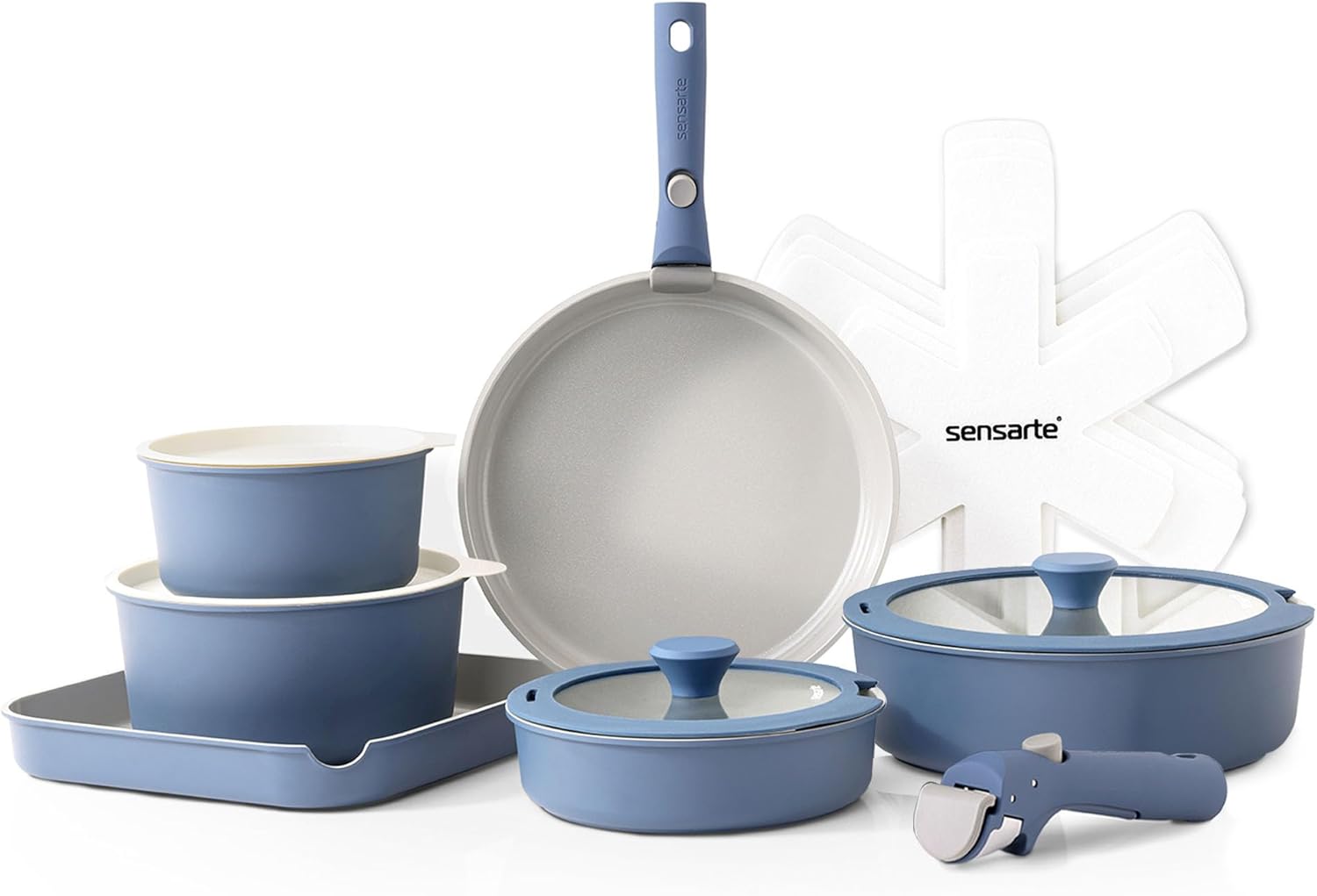 SENSARTE 17 Piece Ceramic Pots and Pans Set, Nonstick Detachable Handle Cookware, Induction Kitchen Cookware Set with Removable Handle, Dishwasher ＆ Oven Safe (Gray)