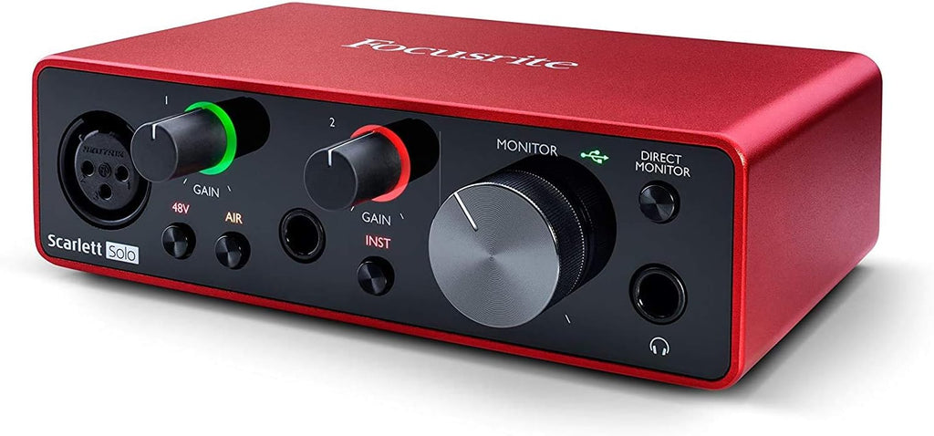 Focusrite Scarlett Solo 2x2 USB Audio Interface Full Studio Bundle with Creative Music Production Software Kit and Eris 4.5 Pair Studio Monitors and 1/4” Instrument Cables