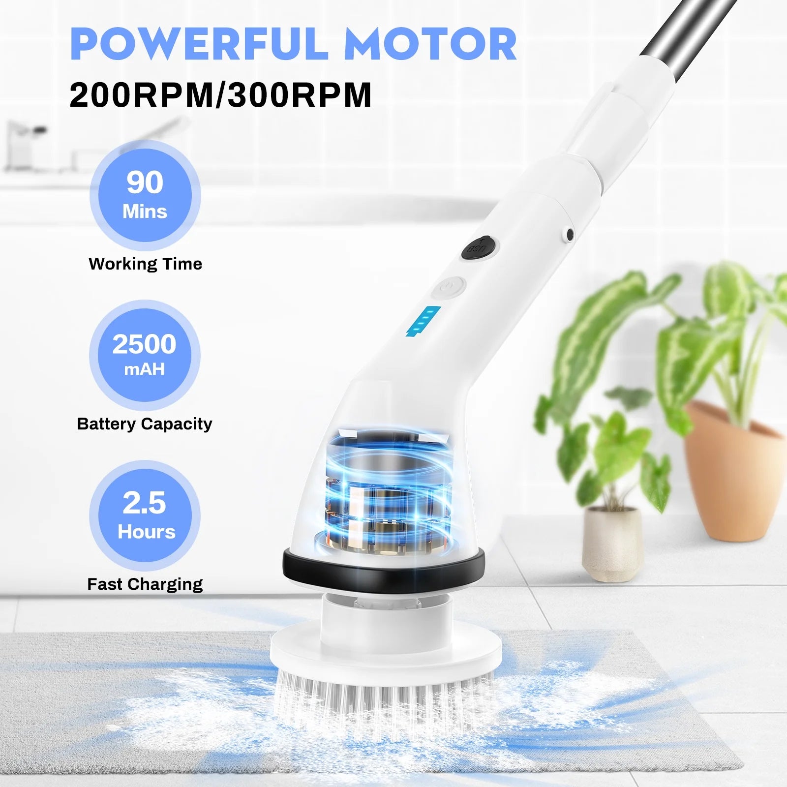 VAVSEA Electric Spin Scrubber,Cleaning Brush for Bathroom,1.5H 300RPM Shower Scrubber Kit for Floor Tile Bathtub,51 inch